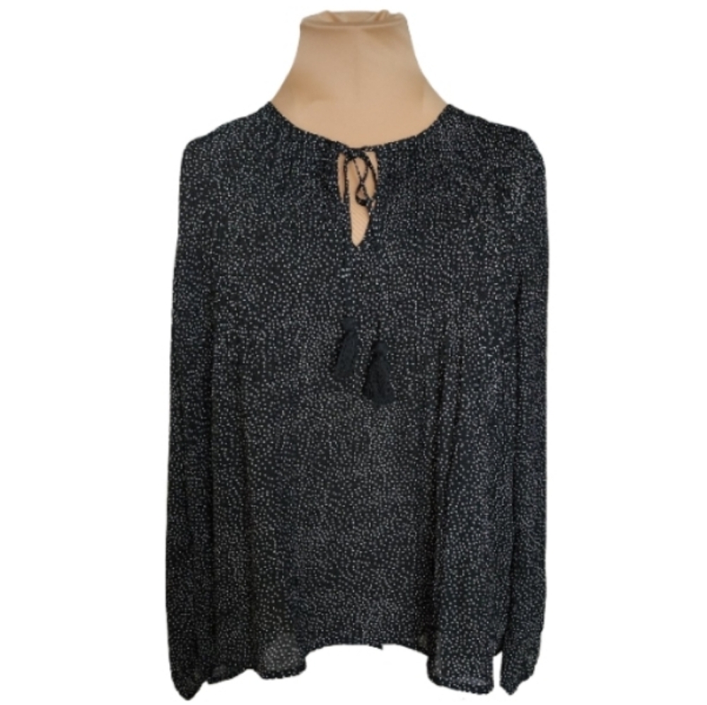 DR2 Women's XS Relaxed Black Ditsy Dots Plissé Chiffon Blouse